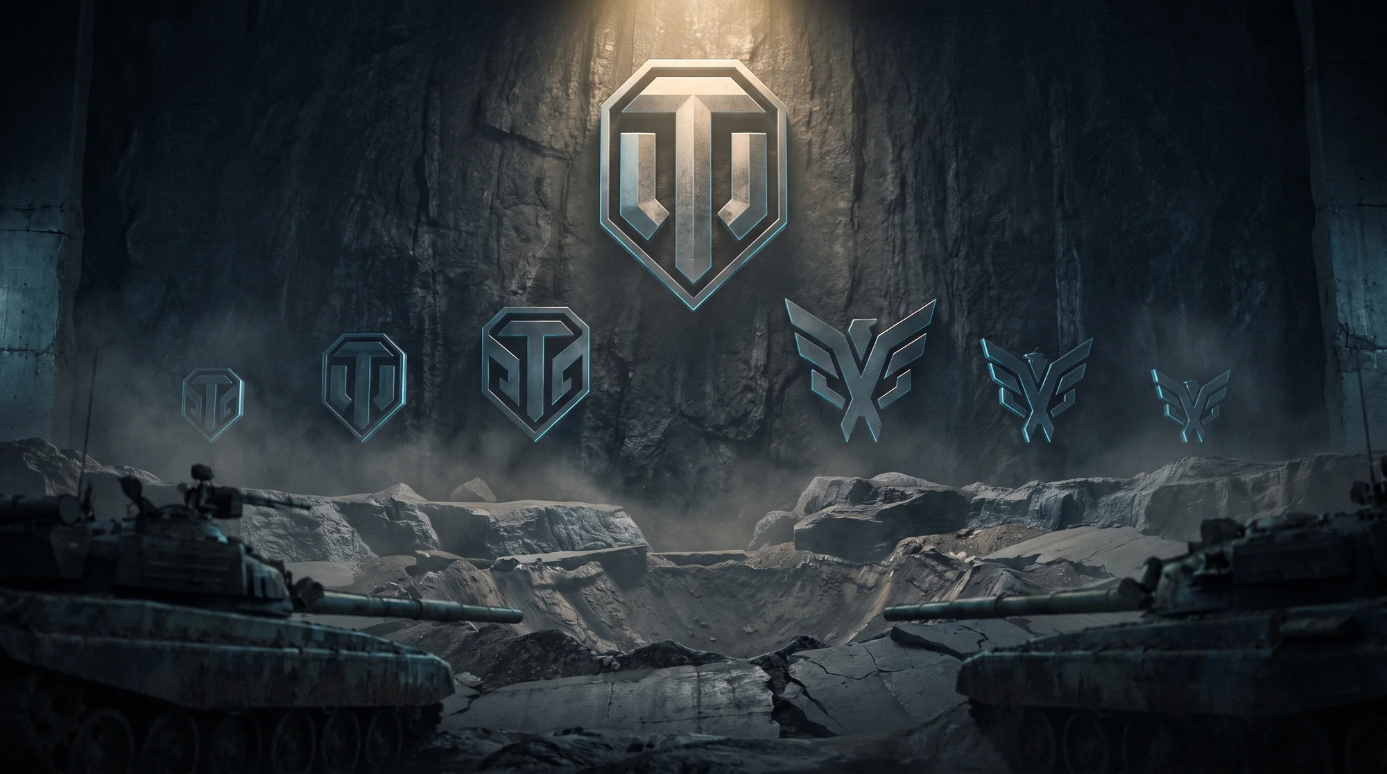 Seven steel division badges on a dark wall